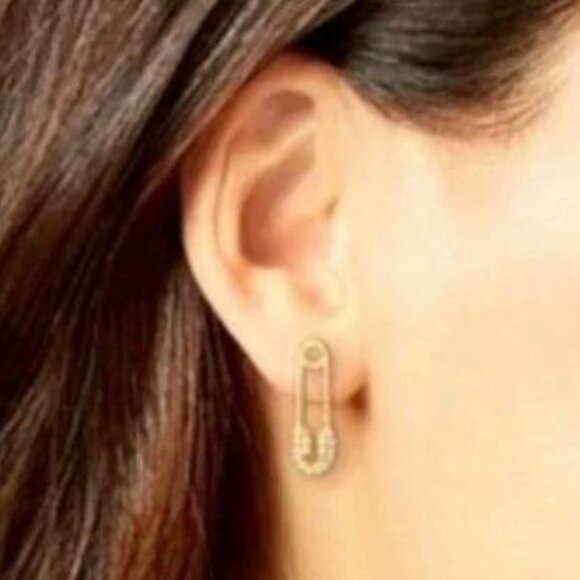 Safety Pin Gold Tone Bling Post Earrings - Picture 5 of 5